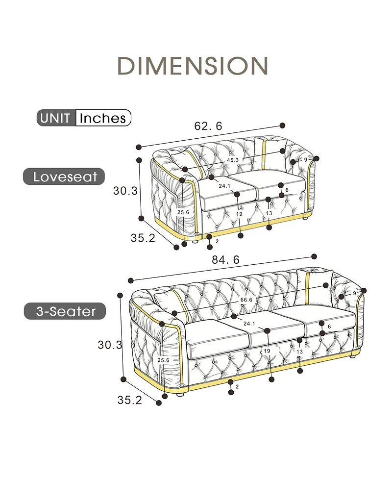 Streamdale Furniture Mid Century Modern 3 Seater Velvet Chesterfield Sofa with 2 Pillows