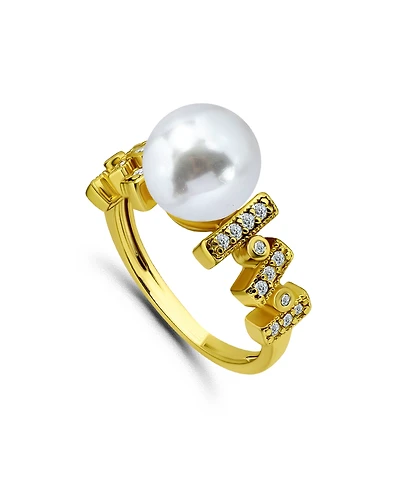 Macy's 1/4 Cttw Cubic Zirconia 10mm Imitation Pearl Bar Pattern on Sides- Polish Band Ring