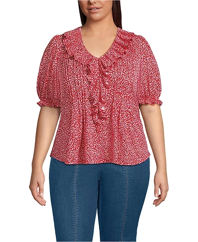 Lands' End Plus Women's Puff Sleeve Slub Ruffle Pintuck Top