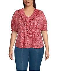 Lands' End Plus Women's Puff Sleeve Slub Ruffle Pintuck Top
