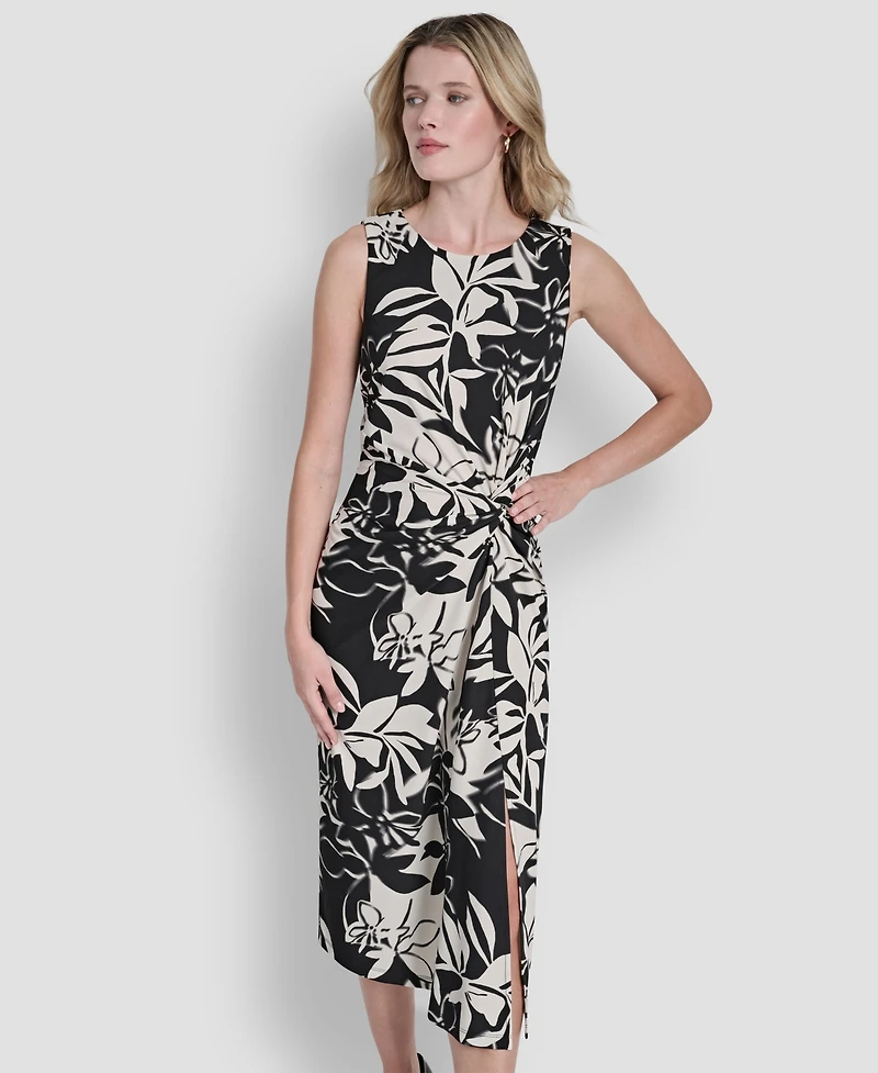 Dkny Women's Sleeveless Jewel Neck Side Knot Floral Midi Dress