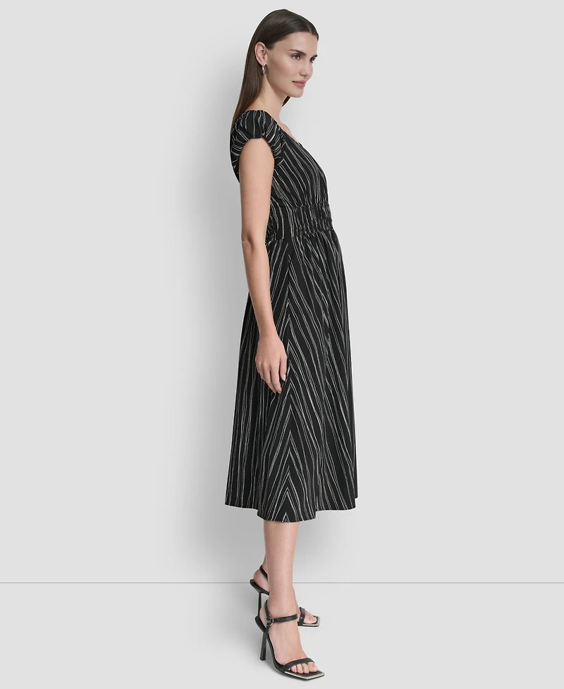 Dkny Women's Short Puff-Sleeve Striped Jewel Neck Midi Dress