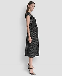 Dkny Women's Short Puff-Sleeve Striped Jewel Neck Midi Dress