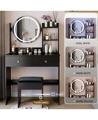 Flynama Space Saving Small Led Vanity Table with Basic Mirror White and Cushioned Stool Makeup