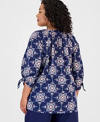 Jones New York Plus Cotton Tie-Cuff Top