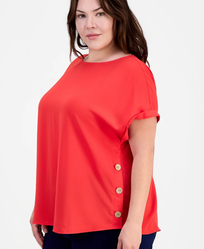 Jones New York Plus Button-Trim Short-Sleeve Top