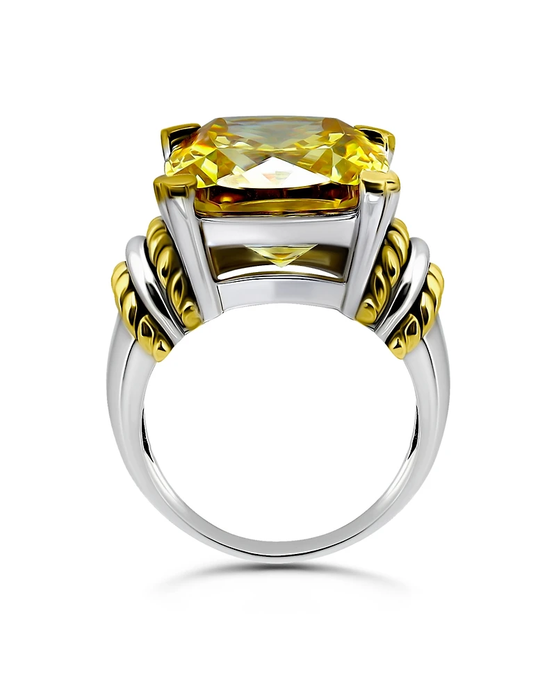Macy's 19.6 Cttw 14mm Cushion Prong Set Canary Yellow Cubic Zirconia Center Stone with Oxidized Twist/Polish Accents Statement Ring.
