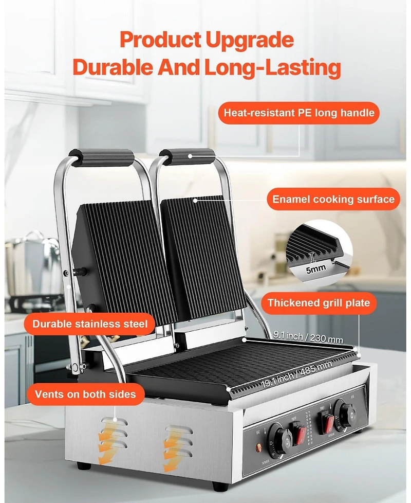 Ecooso Commercial Electric Panini Press Grill with Full Grooved Plates and Temperature Control