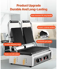 Ecooso Commercial Electric Panini Press Grill with Full Grooved Plates and Temperature Control