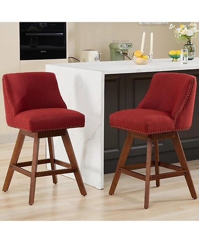 Rainsken Swivel Bar Stools Set of 2, Modern Upholstered Counter Height Chairs with Wooden Legs and Nailhead Trim for Kitchen Island