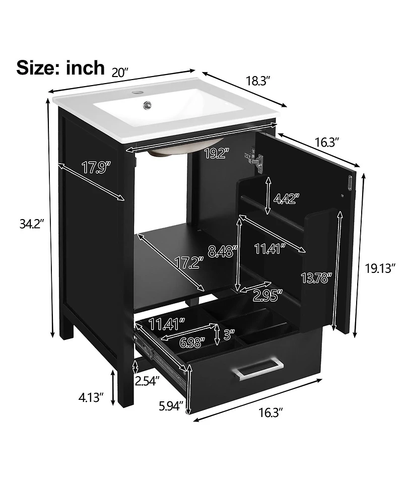 Sillysis 20" Modern Freestanding Bathroom Vanity with Ceramic Sink, Solid Wood Frame and Soft Close Door for Small Spaces