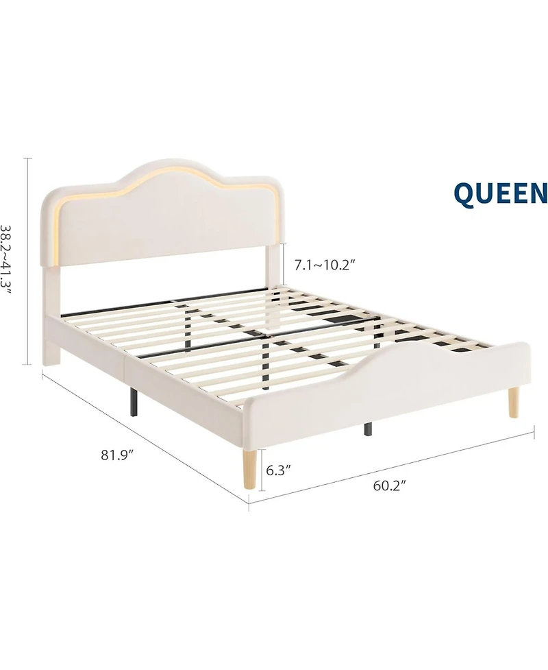 gaomon Queen Princess Platform Bed Frame with Rgb Led Lights Adjustable Velvet Headboard Wood Slat Support No Box Spring