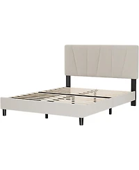 gaomon King Linen Bed Frame Twill Tufted Headboard Wooden Slats Upholstery No Box Spring Needed