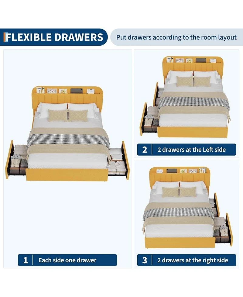 gaomon Bed Frame Storage Headboard Boucle Upholstered Platform 2 Drawers Bookcase Wood Slats No Box Spring.