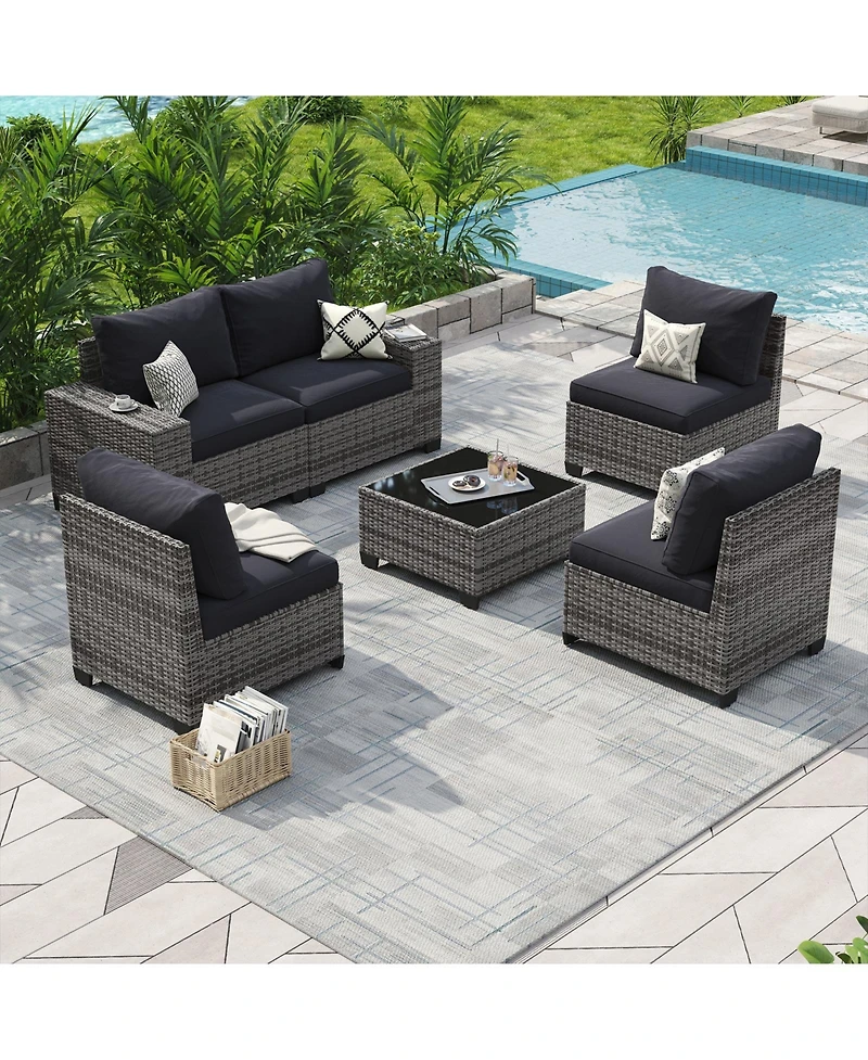 Aoxun 6-Piece Black Wicker Outdoor Sectional Sofa Set with Grey Cushions and Glass-Top Coffee Table