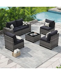 Aoxun 6-Piece Black Wicker Outdoor Sectional Sofa Set with Grey Cushions and Glass-Top Coffee Table