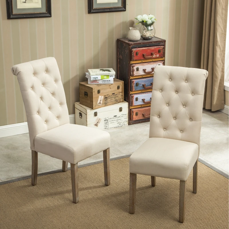 Solid Wood Tufted Parsons Dining Chair, Set of 2, Tan
