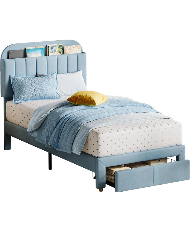 gaomon Bed Frame Velvet Platform Bookcase Headboard Kids Girls Steel Legs Easy Build Noise Free.