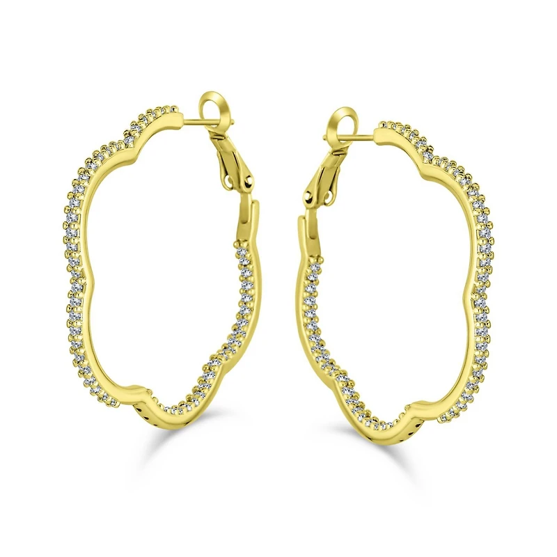 Bling Jewelry Flower Shaped Inside Out Pave Cz Clover Hoop Earrings Gold Silver Plated 1.5 Inch