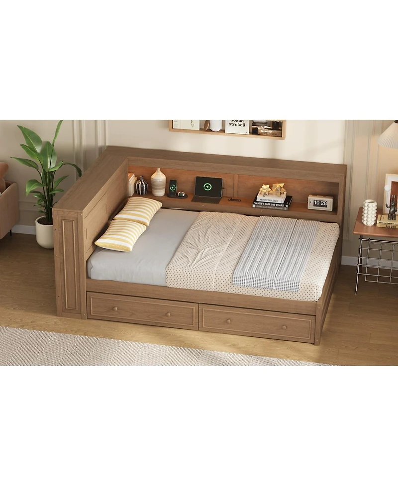 Streamdale Furniture Full Size Wood Daybed with Storage, Usb, Led, and 2 Drawers