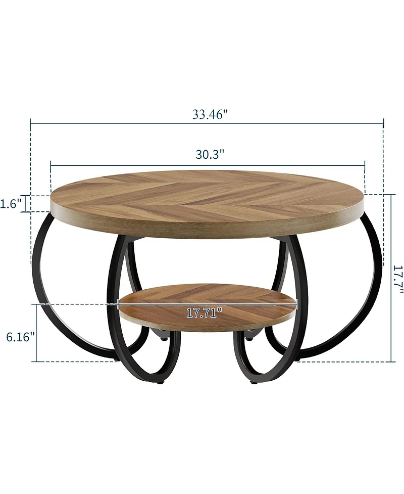 gaomon Round Farmhouse 2-Tier Wood Coffee Table with Storage Shelf and Curved Metal Legs, Oak
