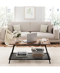 gaomon Industrial Rectangular 2-Tier Wood Coffee Table with Metal Frame and Mesh Shelf.