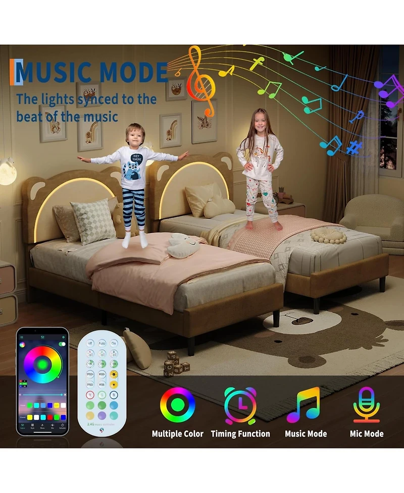 gaomon Twin Bed Frame for Kids Upholstered Adjustable Headboard Led Light Wood Slats No Box Spring Coffee