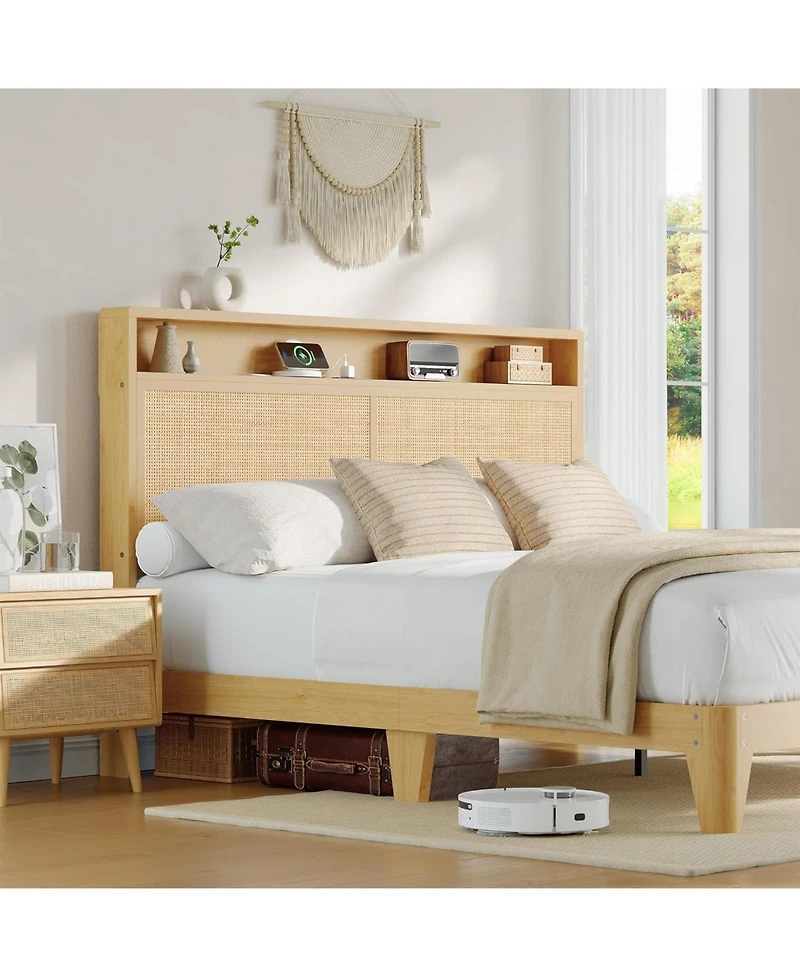 gaomon Rattan Bed Frame with Led Charging Bohemian 2 Tier Storage Headboard Solid Wood Silent Slats No Box Spring