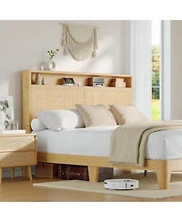 gaomon Rattan Bed Frame with Led Charging Bohemian 2 Tier Storage Headboard Solid Wood Silent Slats No Box Spring
