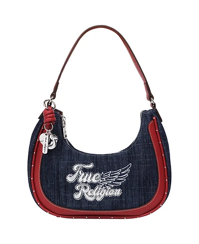 True Religion Wing Motif Denim Hobo Bag with Red Trim