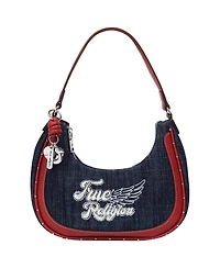 True Religion Wing Motif Denim Hobo Bag with Red Trim