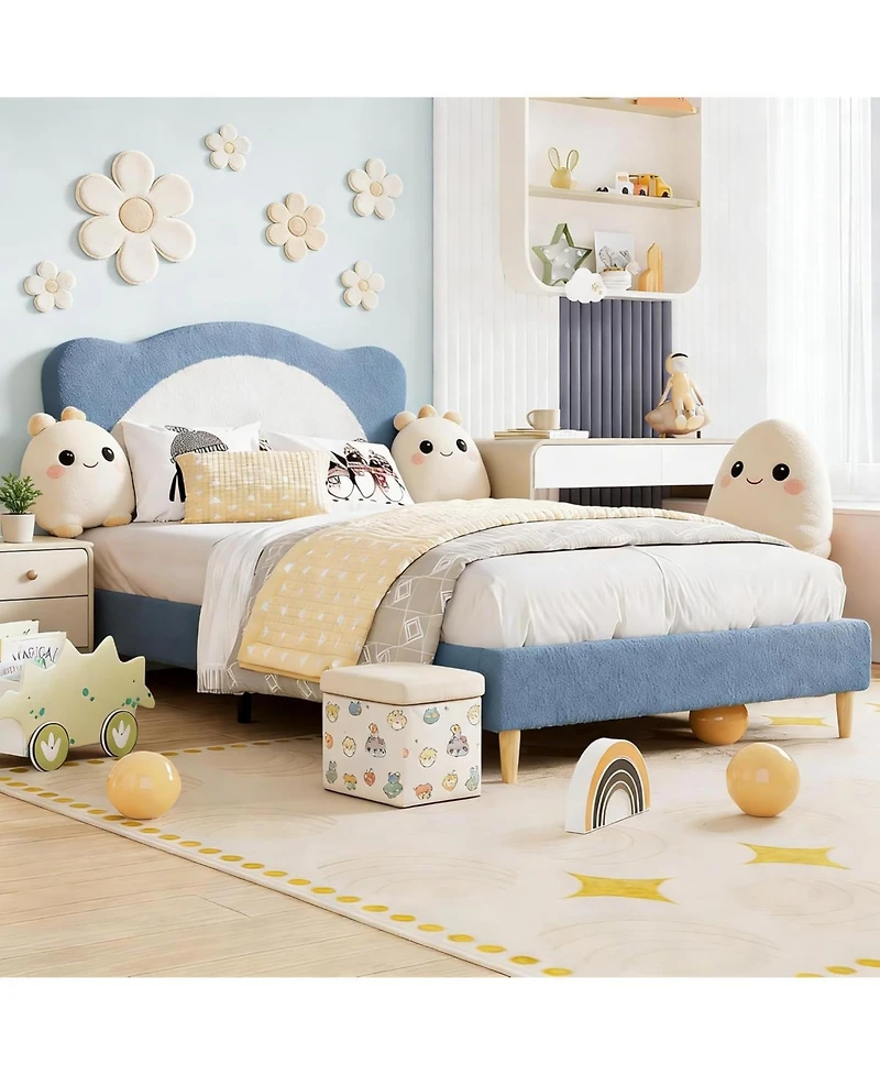 gaomon Upholstered Platform Bed for Kids Velvet Princess Panda Headboard Wood Slats No Box Spring