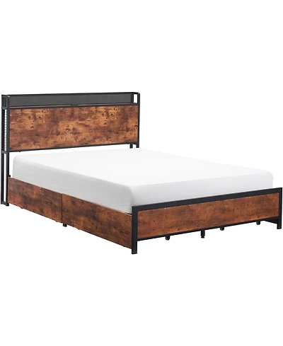 gaomon Queen Platform Bed Frame With Storage Headboard 4 Drawers Led Bed Usb Ports Wood Slats Retro