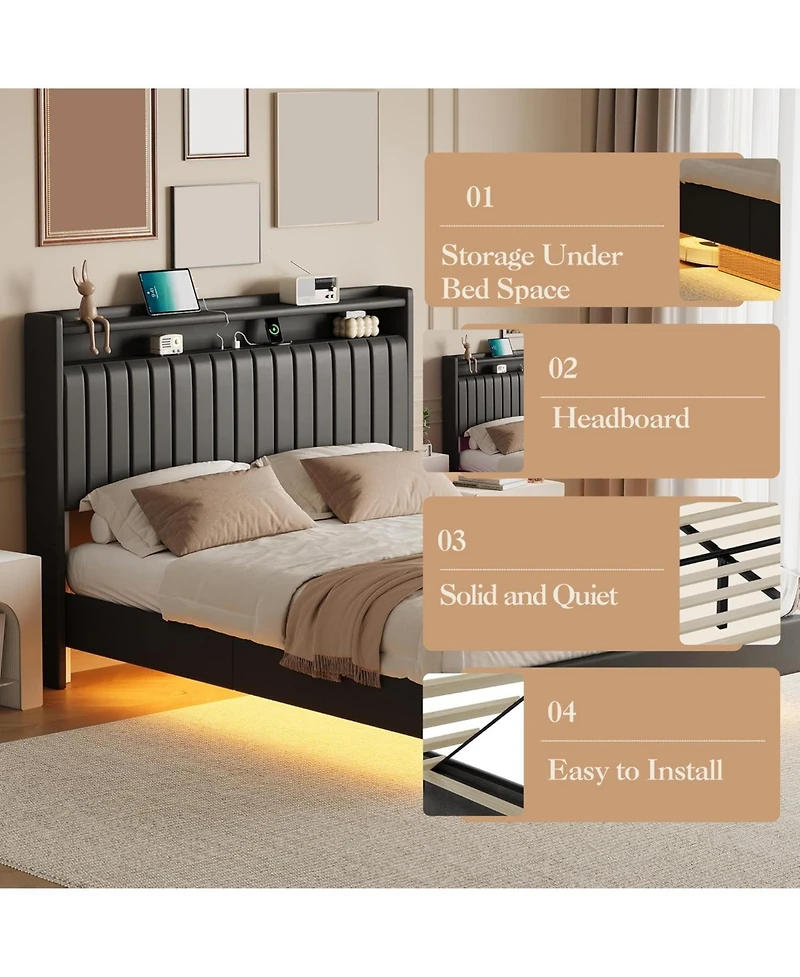gaomon Queen Floating Bed Frame 50 Inch Led Headboard Charging Station Platform Hidden Legs