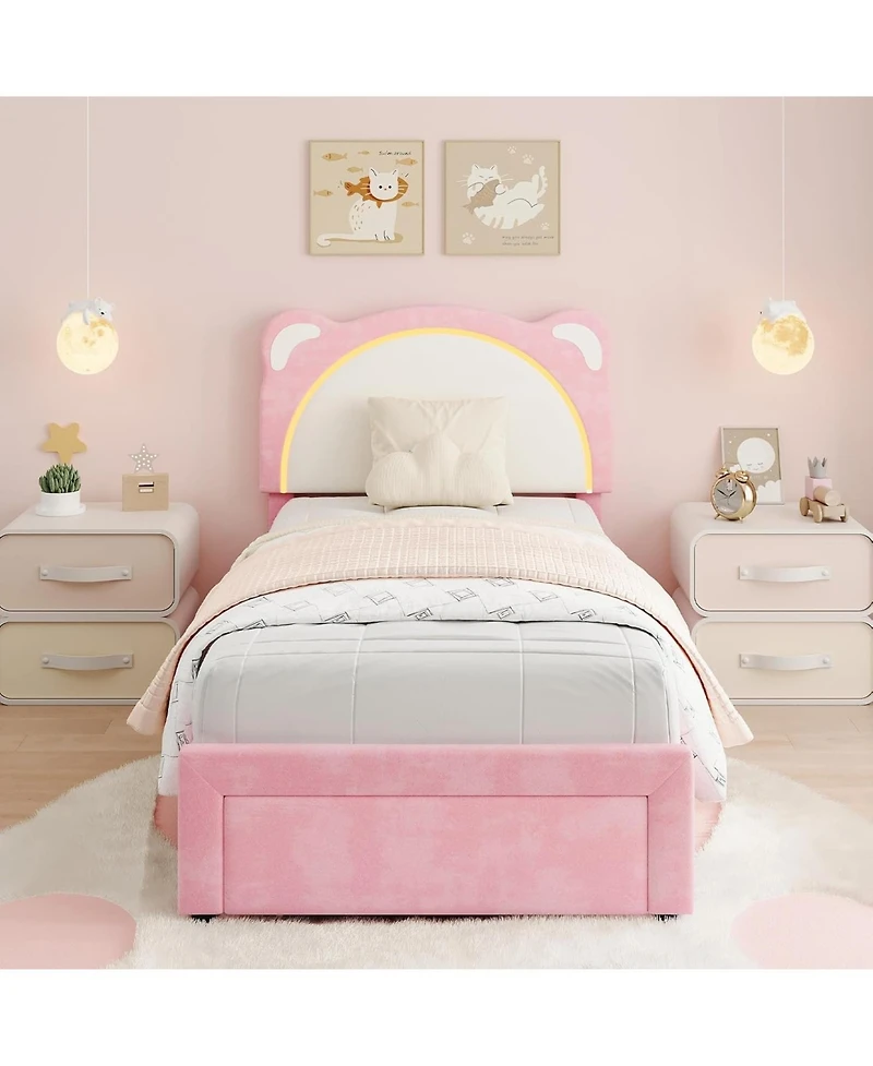 gaomon Twin Xl Bed Frame with Led Adjustable Bear Headboard Storage Drawers Kids Velvet Upholstered Platform Wood Slat