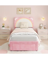 gaomon Twin Xl Bed Frame with Led Adjustable Bear Headboard Storage Drawers Kids Velvet Upholstered Platform Wood Slat