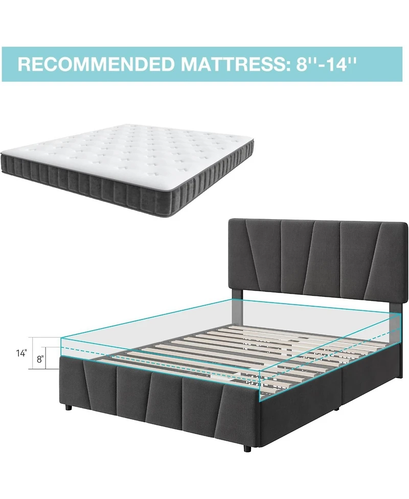 gaomon Bed Frame with 4 Storage Drawers and Headboard, Upholstered Platform Bed Frame with Wooden Slats Support, No Box Spring Needed, Noise Free