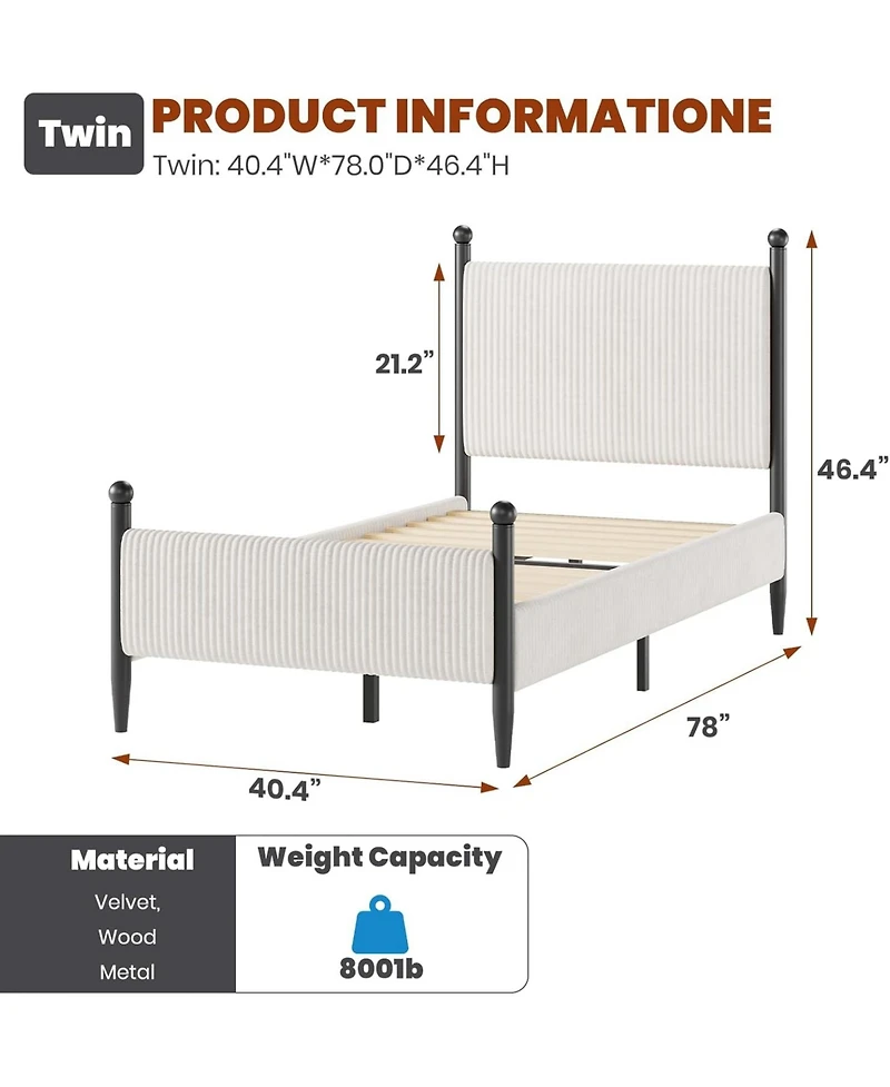 gaomon Upholstered Bed Frame - with Headboard, Soft Corduroy Fabric Platform Wooden Slats Support & Heavy Duty Feet