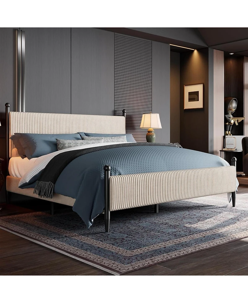 gaomon Upholstered Bed Frame - with Headboard, Soft Corduroy Fabric Platform Wooden Slats Support & Heavy Duty Feet