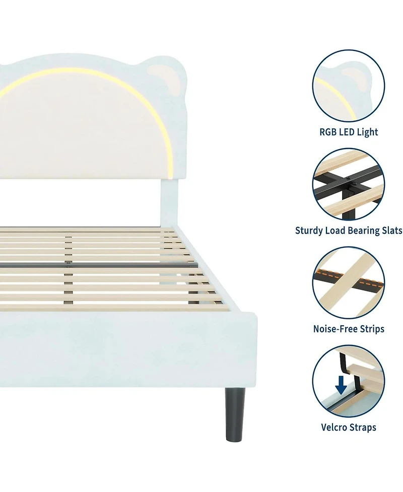 gaomon Bed Frame with Led Lights Adjustable Bear Headboard Velvet Kids Platform Wood Slat Support Noise Free Easy