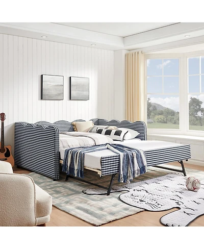 Streamdale Furniture Cozy Gingham Daybed with Twin Trundle, Usb Port, Linen Fabric