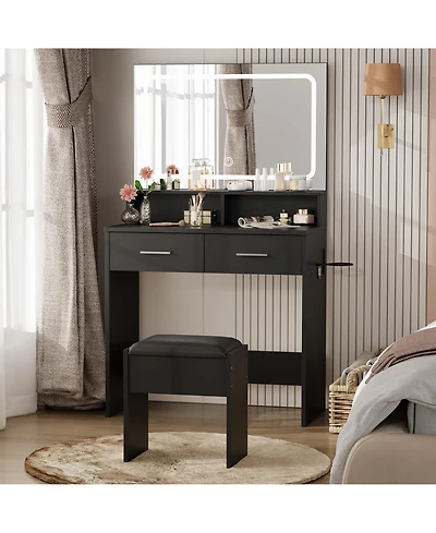 gaomon Modern Small Makeup Vanity Set with 3-Color Led Mirror, 2 Drawers, Stool and Power Outlet