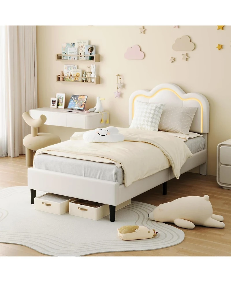 gaomon Twin Bed Frame Pu Upholstered Height Adjustable Mountain Design Headboard Noise Free Rgb Led Light No Box Spring