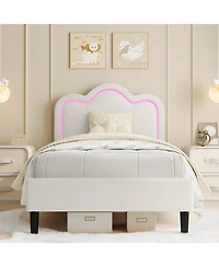 gaomon Twin Bed Frame Pu Upholstered Height Adjustable Mountain Design Headboard Noise Free Rgb Led Light No Box Spring