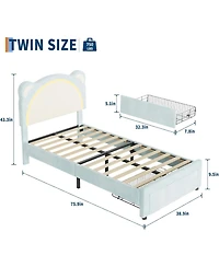 gaomon Twin Bed Frame with Led Lights Adjustable Bear Headboard Velvet Kids Bed Storage Drawers Noise Free Wood Slats