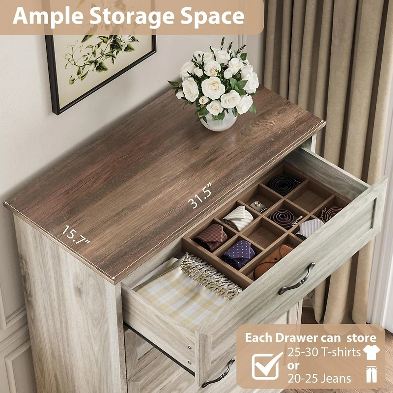 gaomon Farmhouse 5-Drawer Tall Dresser with Wide Metal Handles, Natural Wood Storage Chest for Bedroom & Living