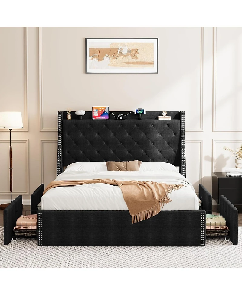 gaomon Bed Frame with 4 Storage Drawers, Wingback Headboard & Charging Station, Diamond Tufted