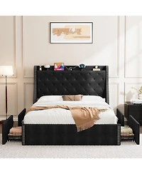 gaomon Bed Frame with 4 Storage Drawers, Wingback Headboard & Charging Station, Diamond Tufted