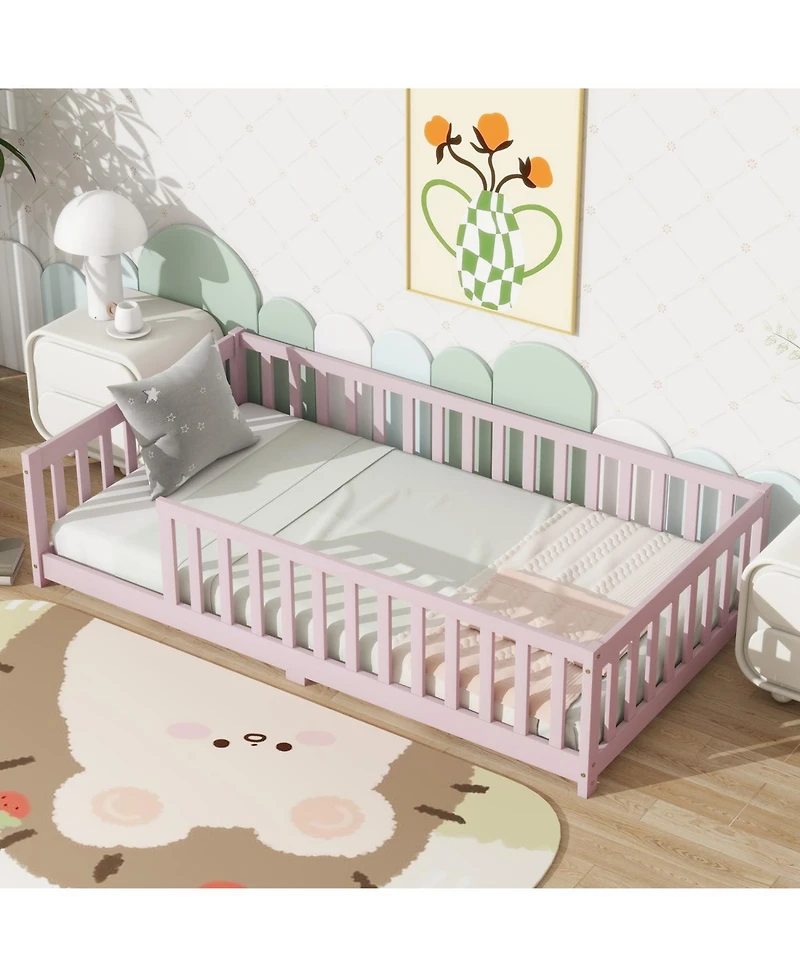 Streamdale Furniture Twin Floor Bed with Fence, Rubber Wood