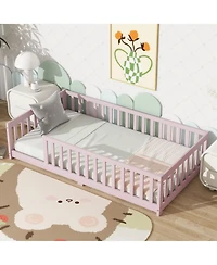 Streamdale Furniture Twin Floor Bed with Fence, Rubber Wood